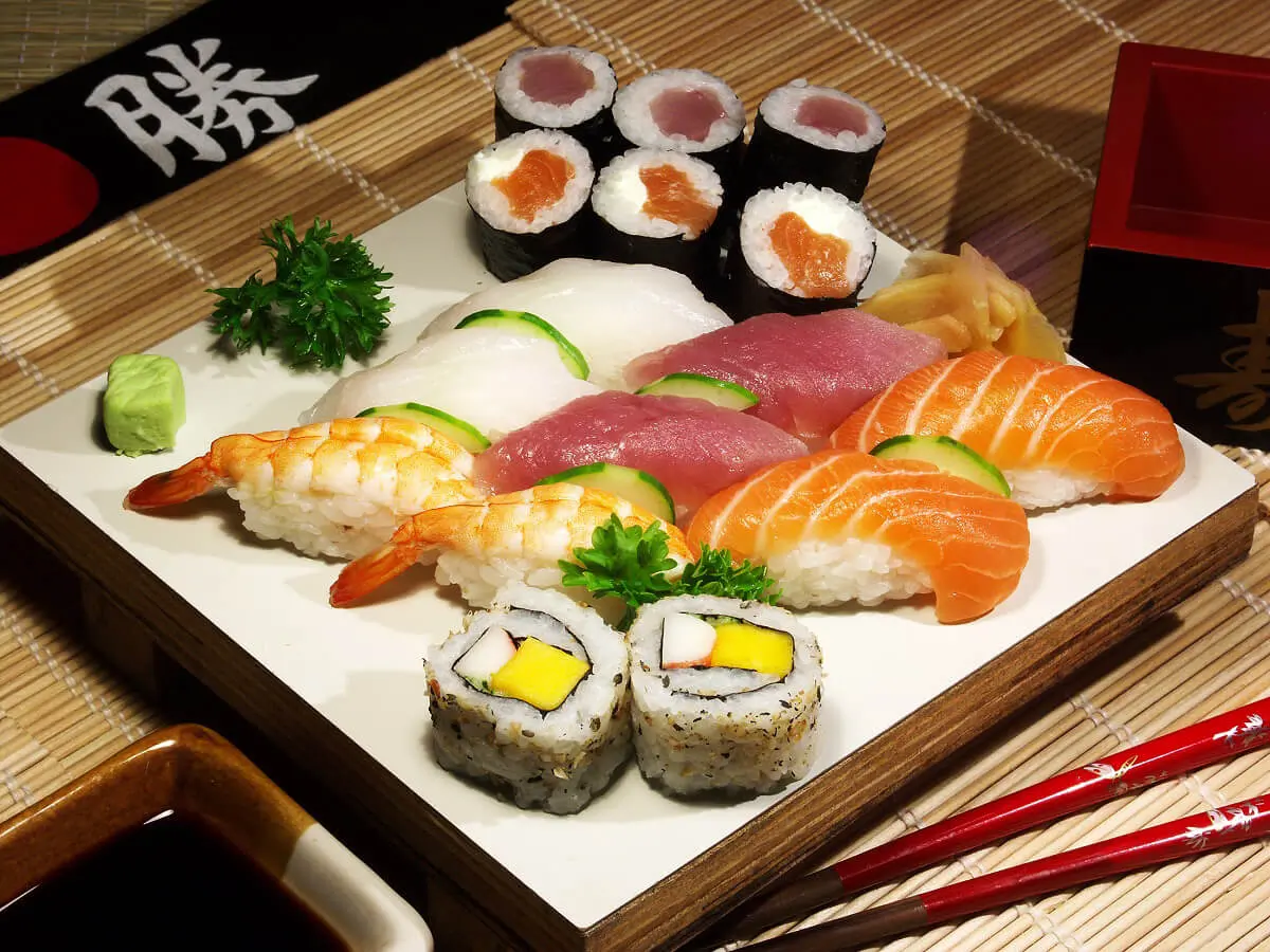 Seafood Sashimi Platter features an assortment of fresh sashimi including salmon
